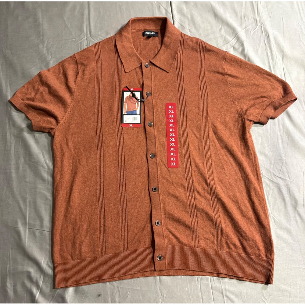 DKNY Mens Short Sleeve Button Front Sweater Orange XL DK16SR2512C